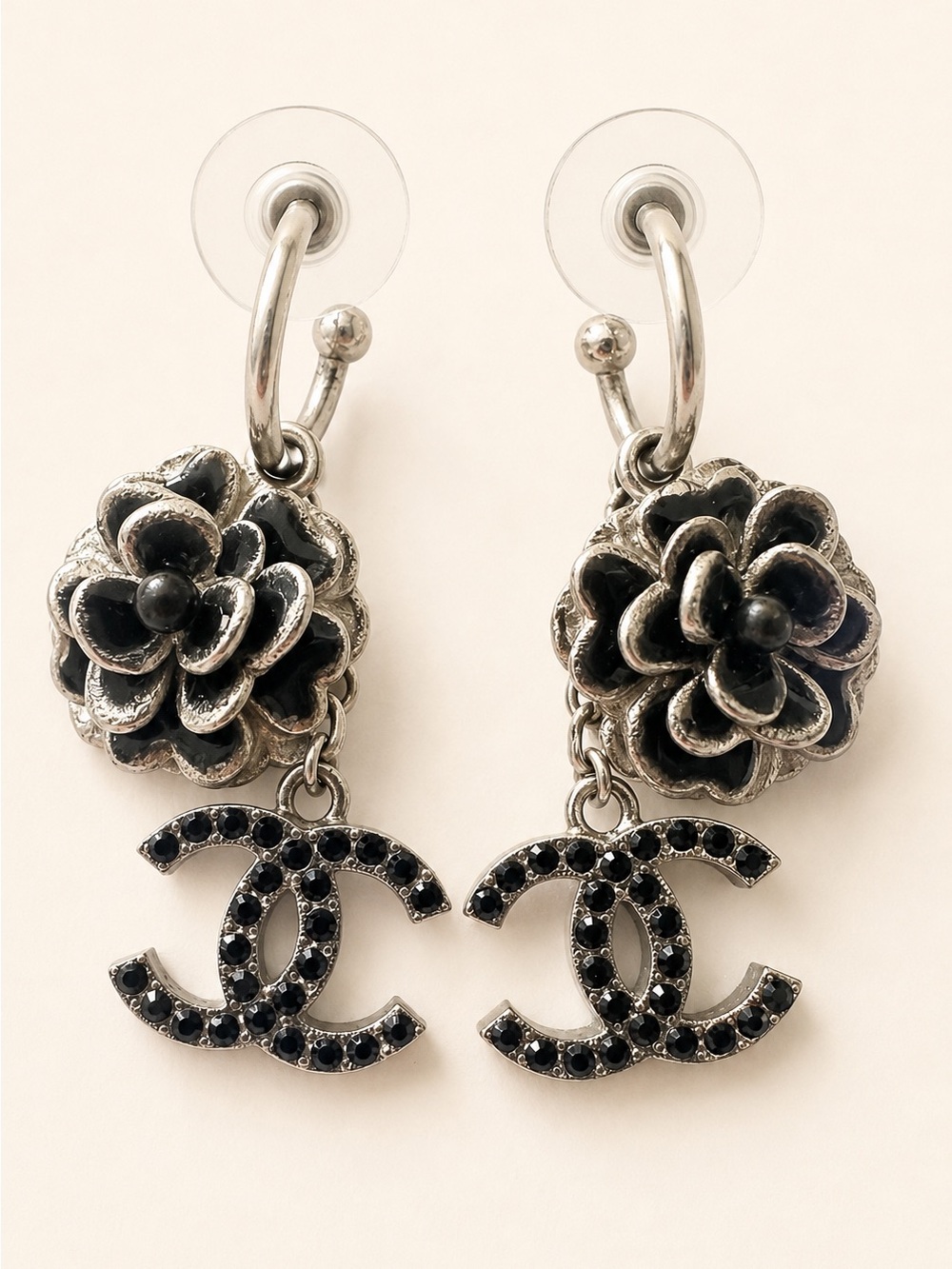 Authentic CHANEL 03C Camellia Black Crystal CC Drop Hoop Earrings